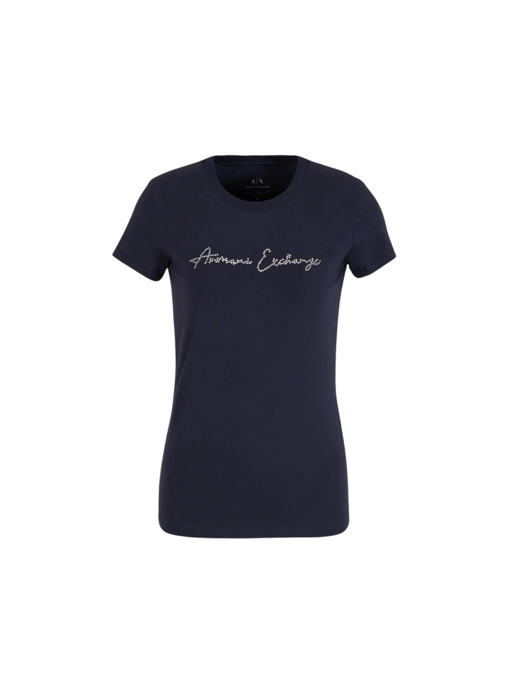 Armani Exchange Women's Rhinestone Script Logo Cotton Crew Neck T-Shirt, Blueberry Jelly, S