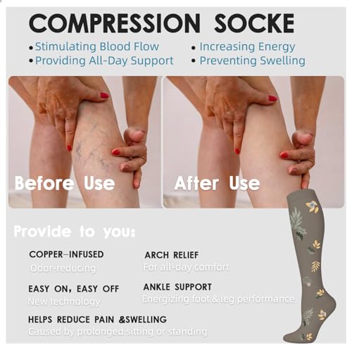 6 Pairs Graduated Compression Socks for Women&Men 20-30mmhg Knee High Socks Travel Hiking Running Stocking(Multi03,Large/X-Large(US SIZE))