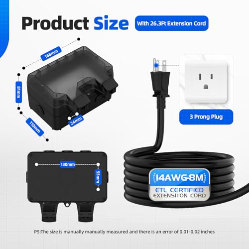 Outdoor Outlet Box with 26.3Ft Extension Cord, NEMA 5-15R, STW 14 AWG,IP66 Waterproof Power Outlet Extender with On/Off Switch & LED Indicator for Garden Yards& Outdoor Activity by Hoodutric - Image 2
