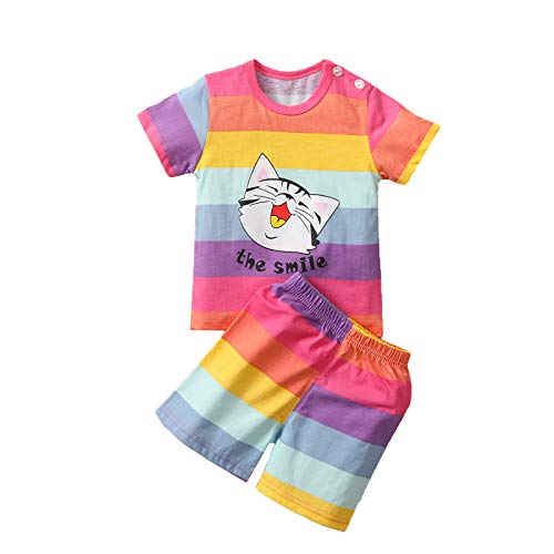 Kids Baby Girls Letter Rainbow Cats Print Tops Tee Shorts Set Outfits Rainbow Stripes Summer Suit, Cute Cat Print