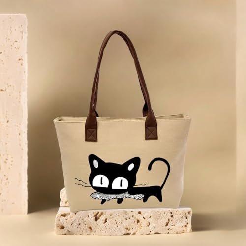 MINGZE Frauen Schulter Beutel, Segeltuch Tasche Maedchen Niedliche Katze fressen Fische Einkaufstaschen Handtaschen Strand Taschen Handtaschen (Schwarz grau)