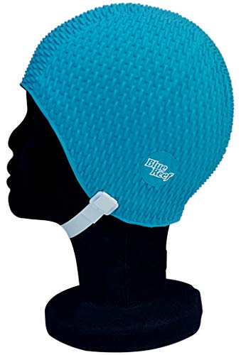 Blue Reef Klassische Retro-Badekappe mit Noppeneffekt, einfarbig, Einheitsgröße, für Erwachsene, mit verstellbarem Riemen, Blaugrün
