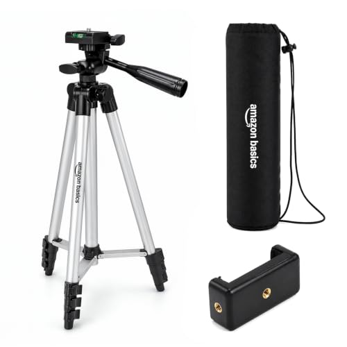 Image of Amazon Basics 55 Inch Aluminum Tripod Stand, Lightweight Adjustable with Phone Holder, 3-Way Pan Head, Bubble Level, Carry Bag, Compatible with Smartphones, GoPro, DSLR Cameras (5kg Load Capacity)