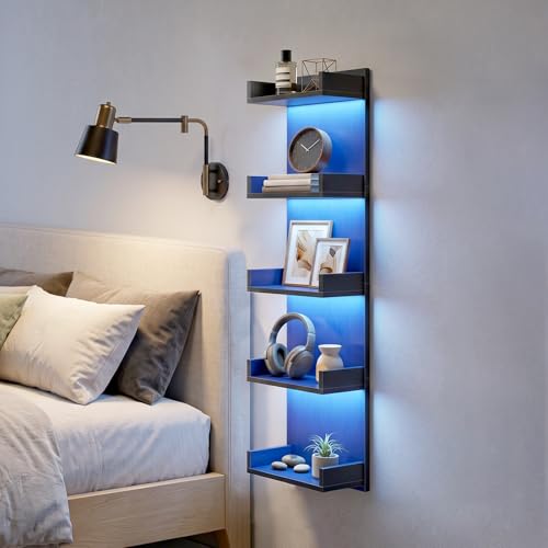 Image of HOOBRO Floating Wall Shelf with LED Lights, Floating Shelf Wall Mounted for Storage, Vertical Display Stand, Modern Column Rack, for Bedroom, Livingroom, 5-Tier, 45.7 Inches, Black, BK51DBJ01N1