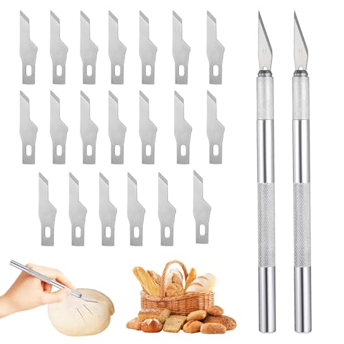 VZU 2 Stück Bäckermesser mit 20 Klingen Brot Einschneidemesser Brotklinge Messer Brot Einschneiden Silber Aluminiumstab Klingen für DIY Brotbacken Baguette Sauerteig
