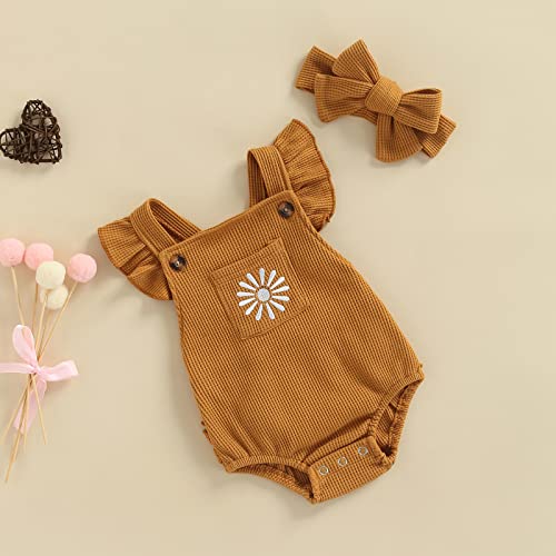 Hnyenmcko Newborn Baby Boy Girls Clothes Infant Rainbow Romper Waffle Ruffled Sleeveless Backless Bodysuit Jumpsuit Headband Outfit (Floral Caramel, 6-12 Months) #TOP1