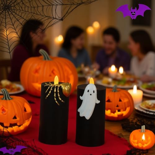 Image of Halloween Flameless Candles with Remote & Timer, Real Wax Hand-Carved Painted Ghost Spider LED Candles for Home Party Haunted House Horror Theme Halloween Decor, 3 inch x 7 inch Set of 2