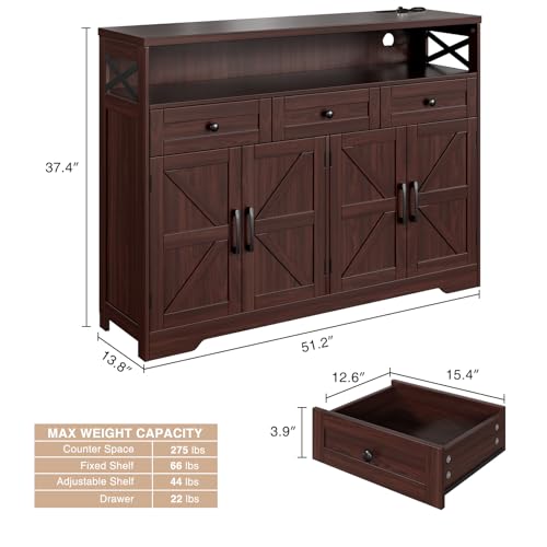 Image of 51 inch Dark Brown Buffet Sideboard Cabinet, Farmhouse Storage Cabinet Kitchen | Pantry with Shelf and Drawers, Wood Cupboard Hutch Cabinet, Coffee Bar Station Table for Kitchen, Living Room, Dining Room