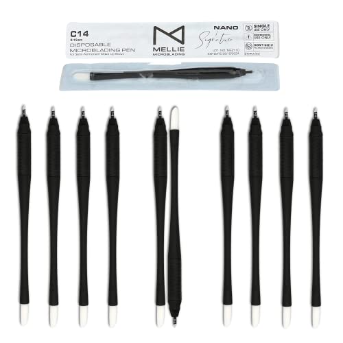 PACK-OF-10-Mellies-Signature-Microblading-Disposable-Pen-Sterilized-Blade-Comfortable-Rubber-Grip-With-Pigment-Sponge-C14-18mm-Black
