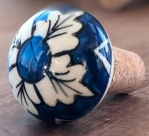 DDecorIndia Handmade Pottery Ceramic Wine Bottle Stopper, Hand-Painted Floral Design, Multicolor with Cork Base (Pack of 1, BS-165)