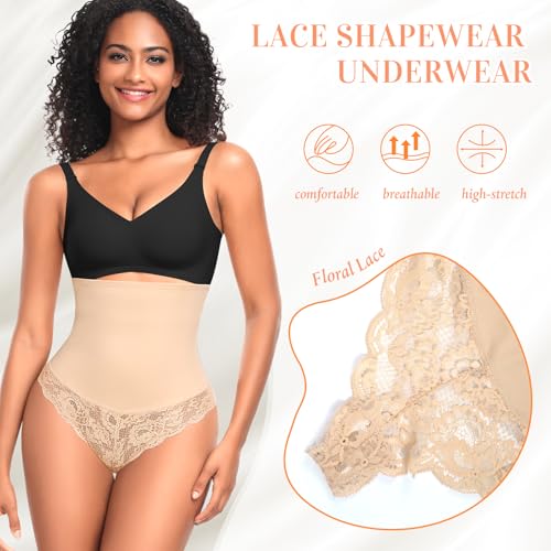 Image of Werena Tummy Control Thong Shapewear for Women Mid High Waisted Body Shaper Underwear Lace Shaping Thong Girdle Panties