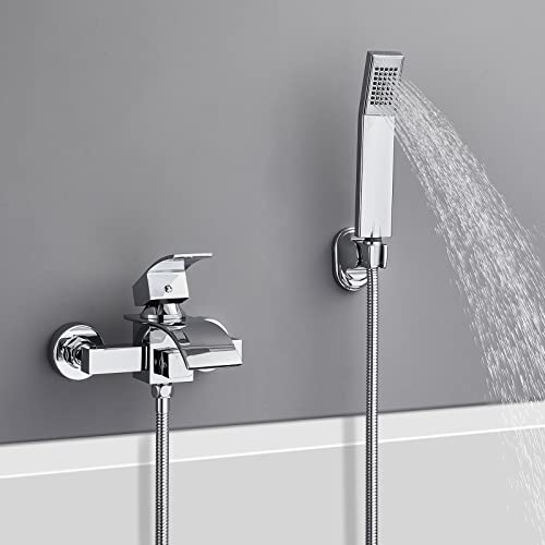 ROVOGO Mitigeur Baignoire Cascade avec Douchette, Flexible de Douche et Support, Montage Mural Robinet Douche avec Inverseur Rotatif Amélioré, en Laiton Chromé