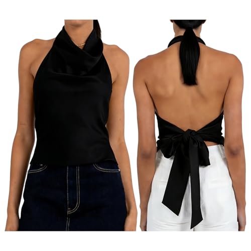 Open Back High Neck Tank Tops for Women Satin Silk Halter Mockneck