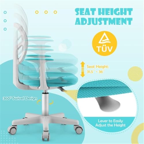 Image of Pemberly Row Kids Study Chair, Adjustable Height 31.5 inch-36 inch, Green, Ergonomic Design with Lumbar Support, Mesh Back, Auto Brake Casters, 360-Degree Swivel, Comfortable Seat for Children's Workspace