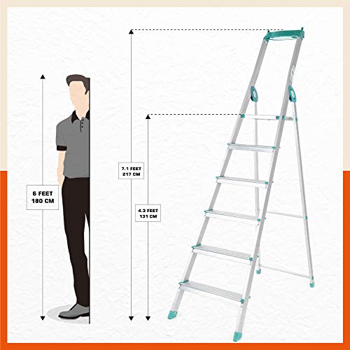 Image of Bathla Elevate 6-Step Foldable Aluminium Ladder for Home with Tool Tray | Anti-Skid | Durable, Heavy Duty, Safe & Stylish | 5-Year Warranty | Teal