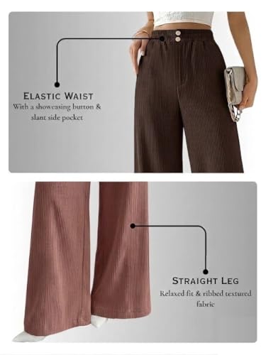 Image of SMOWKLY Authentics Women's Trendy Casual Corduroy Stretchable Baggy Loose Korean Trouser with Pockets || High Rise Elastic Waist Going Out Lounge Pants || Wide Leg Summer Pants for Woman