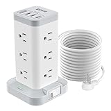 BEVA Power Strip Tower with USB Ports, 16 in 1 Surge Protector Tower, 12 AC and 4USB Ports, 10 FT Extension Cord with Multiple Outlets, Power Tower Charging Station for Office Supplies（White）
