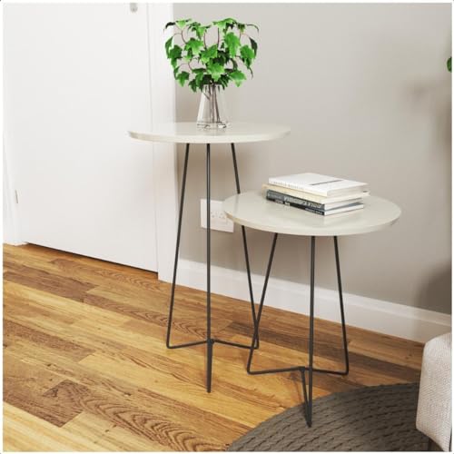 Conjunto Mesas De Canto Apoio E Lateral Pés Preto Em Metal Tripé Tampo Off-White