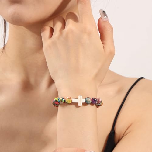 Image of Cross Bracelets for Women, Christian Gifts for Women Stocking Stuffers for Teens Cross Bracelet Imperial Nature Stone Bead Bracelet Confirmation Baptism Gift for Teen Girls Christmas Religious Gift Cathlic Faith Jewelry