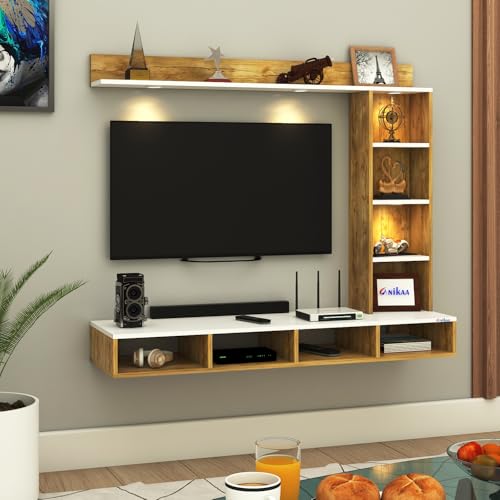 Image of Anikaa Briza Engineered Wood Wall Mounted TV Unit with 4 LED Lights, 9 Open Display Boxes & Shelf Design for Living Room | Ideal for Upto 43 Inch TV- Gaintwood /White(DIY Installation)