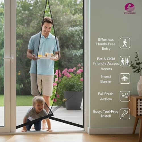 Image of Divayanshi Mosquito Net for Door 100x210 cm | Magnetic Fly Mesh Curtain | Fiberglass Polyester Insect Screen | Auto Closing Hands-Free Mosquito Net with Self Adhesive Hook Tape - Brown /Black