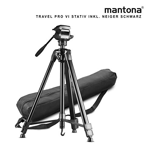 Mantona Basic Travel Pro VI Fotostativ – großes Aluminium Dreibein Videostativ mit Fluid-Neiger und Schnellwechselplatte…