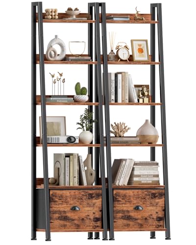Furologee Bookshelf Set of 2, 6-Tier Ladder Shelf, Ladder Bookshelf with Drawer, Set of 2 Bookshelves, Metal Storage Shelf for Living Room, Home Office, Bedroom, Balcony,Kitchen, Rustic Brown