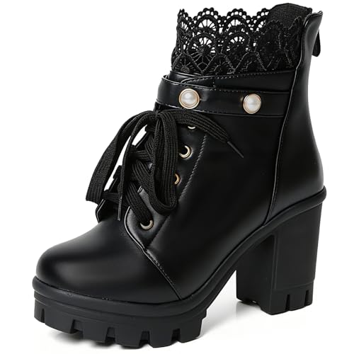 FOREADA Botas de plataforma para mujer, botas gruesas góticas, botines góticos con cuentas de encaje, zapatos de vestir Lolita con cremallera, Negro grueso, 37.5 EU