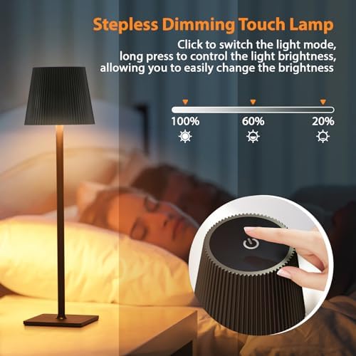 2 Pack Cordless Table Lamp, Portable Outdoor LED Desk Lamp with 3 Color Stepless Dimming Up, Battery Operated Lamps for Restaurant Couple Dinner Bedroom Camping Bars (Black) 3