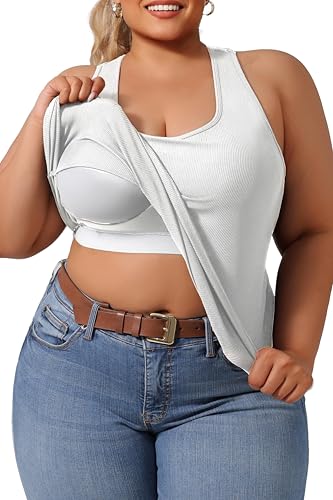 DAGGLOSA Plus Size Tank Tops for Women with Built in Bras,Sleeveless Camisole Casual Racerback Sports Curved Hem Shirts (US, Alpha, 3X, Plus, Regular, 1, White)