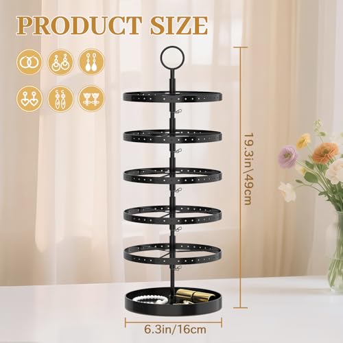 Image of MODOWEY 5 Tier Rotating Earring Holder Organizer, Adjustable Display Tree with Metal Tray, 220 Holes Jewelry Rack for Pierced Stud Hoop Dangle, Large Capacity Space-Saving Stand for Women (Black)