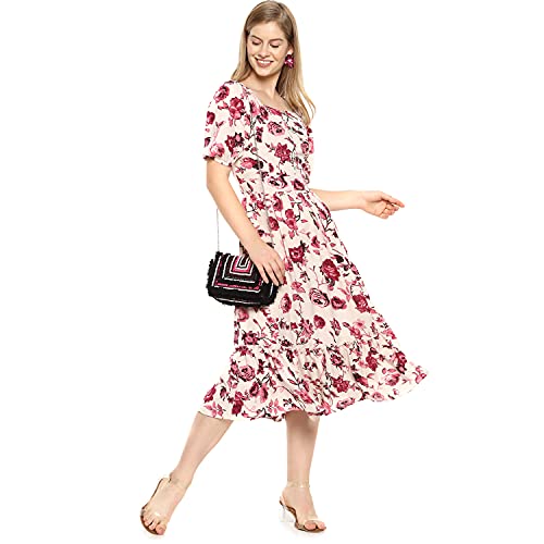 Image of PINACOLADA Women's Floral Print Dress with Ruffle Detail for Casual Wear | Short Sleeve | Crepe Midi Length Dress Crafted with Comfort Fit and for Everyday Wear
