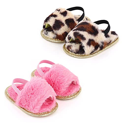 Yinbwol 2 Pack Infant Baby Girls Sandals Elastic Back Strap Flats Slippers Soft Toddles Princess Shoes Faux Fur Slides Shoes First Walker House Shoes