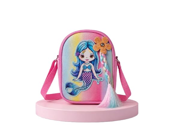 Kids Crossbody Bag - Cute Mermaid Sling Purse for Girls with Pastel Ombre Glitter Finish, Flower Accent, Braided Tassel, and Adjustable Pink Strap-image-16