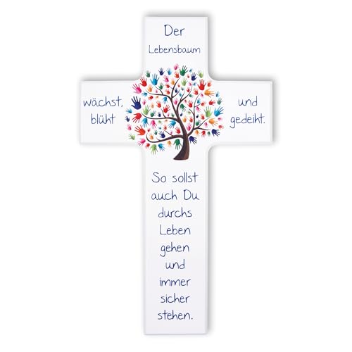 Fritz Cox Holz-Wandkreuz mit Lebensbaum-Motiv und bunten Kinderhänden als Blätter | Mit Spruch Der Lebensbaum wächst, blüht und gedeiht | Inklusive personalisierbarer Geschenkkarte | Weiß | 20cm