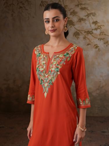 Image of QAZMI Women's Noor Kashmiri Aari Work Viscose Rayon Straight Kurta