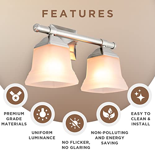 Image of Diodesy- 14-Inch Bathroom Vanity Square Bell Sconce 2-Light Fixture 100W Max E26 Medium Base Sockets Use A19 Bulb(Not Included) Brushed Nickel & Frosted Glass Shade ETL Listed- For Living Room Bedroom