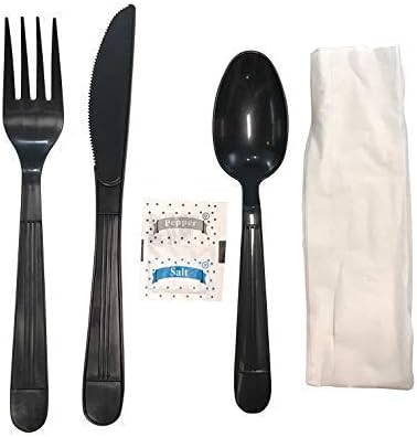 Faithful Supply 50 ct Black Plastic Silverware Individually Wrapped, Packaged Plastic Utensils Set Wrapped, Prewrapped Cutlery Set Disposable with Napkin, To Go Utensils, Perfect for Parties and Lunch
