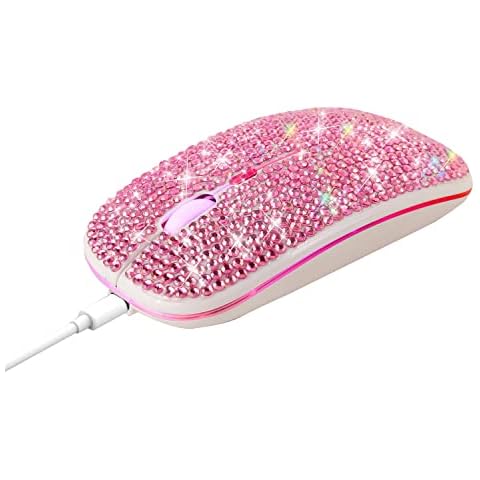 HXMJ Bling Dazzling Rechargeable 2.4GHz+5.2 Bluetooth Wireless Mouse Covered with Crystal Diamond Rhinestone,RGB Backlit,Great Gift idea for Her (Pink) Cover