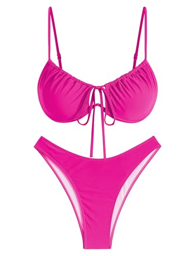 Image of ZAFUL Women High Cut Bikini Sets String Sexy Swimsuit Two Piece Underwire Bathing Suit Brazilian Cheeky Cut Out Cute Swimwear