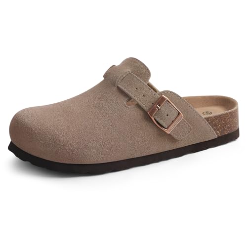 Image of ODOLY Genuine Suede Clogs for Women Men Soft Cork Footbed Leather Mules Comfort Potato Shoes with Arch Support
