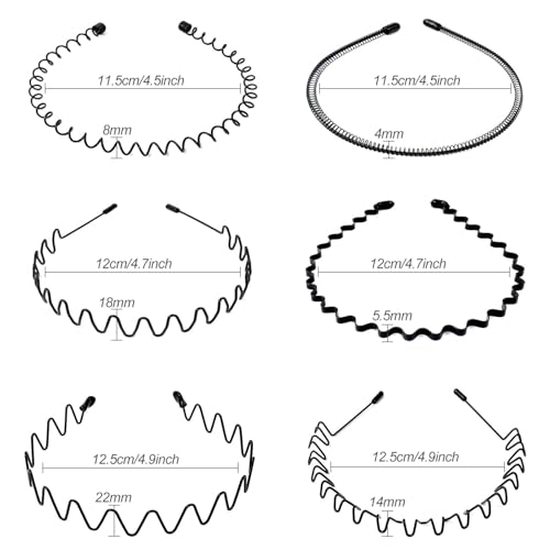 Hanyousheng Pack of 6 Metal Headbands, Black Wave Metal Headband, Unisex Multi-Style Hair Bands for Men and Women, for Outdoor Sports Yoga