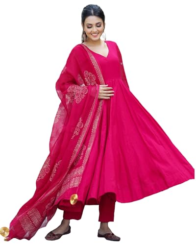 Image of GoSriKi Women's Cotton Blend Solid Anarkali Kurta with Pant & Dupatta