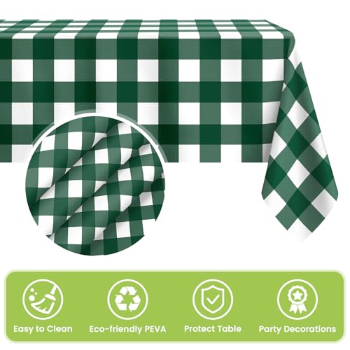 Image of Mulbozy Dark Green Gingham Tablecloth 4 Pack, 54 x 108 Inch Plastic Table Cloth Disposable, Green and White Checkered Table Cover for Party Supplies