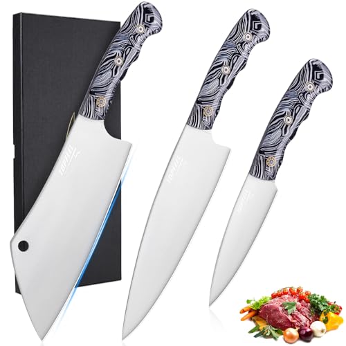 Topfeel 3PCS Professional Chef Knife Set, Ultra Sharp Japanese Kitchen Knife, German High Carbon Stainless Steel 8" Meat Cleaver 8" Chef's Knives 5" Utility Knife with Gift Box by Topfeel - Used condition - US$30.13