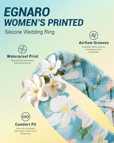 Image of Egnaro Women's Silicone Statement Rings, 5.2mm Wide 2mm Thick Rubber Printed Floral Wedding Bands For Her Size 4-12