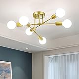 Soilsiu Modern Sputnik Chandelier Ceiling Light Fixture, 6-Light Gold Mid Century Semi Flush Mount Ceiling Lights for Bedroom, Dining Room, Living Room, Kitchen, Office (Gold, W:16.5",H:8")