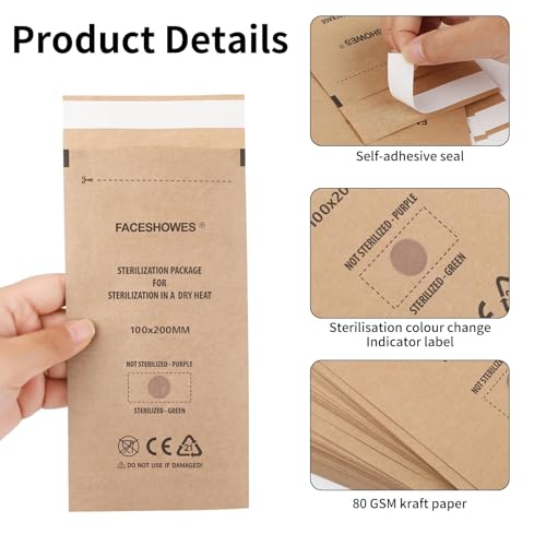 100 Stück selbstversiegelnde Sterilisationsbeutel 100x200mm/ 3.9x7.9in für Zahnwerkzeuge und Nagelwerkzeuge, Einweg Reinigungsbeutel für Autoklaven und Sterilisatoren, für Mundhöhle Kosmetik Schönheit