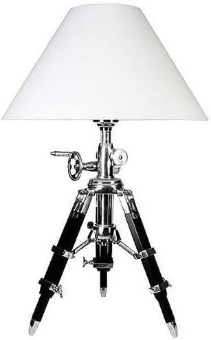 NauticalMart Tripod Table lamp, Chintz Shade, White, Polished Aluminum/Wood Black