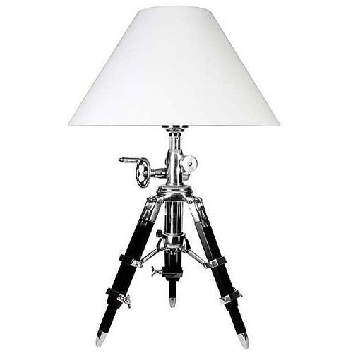 NauticalMart Tripod Table lamp, Chintz Shade, White, Polished Aluminum/Wood Black